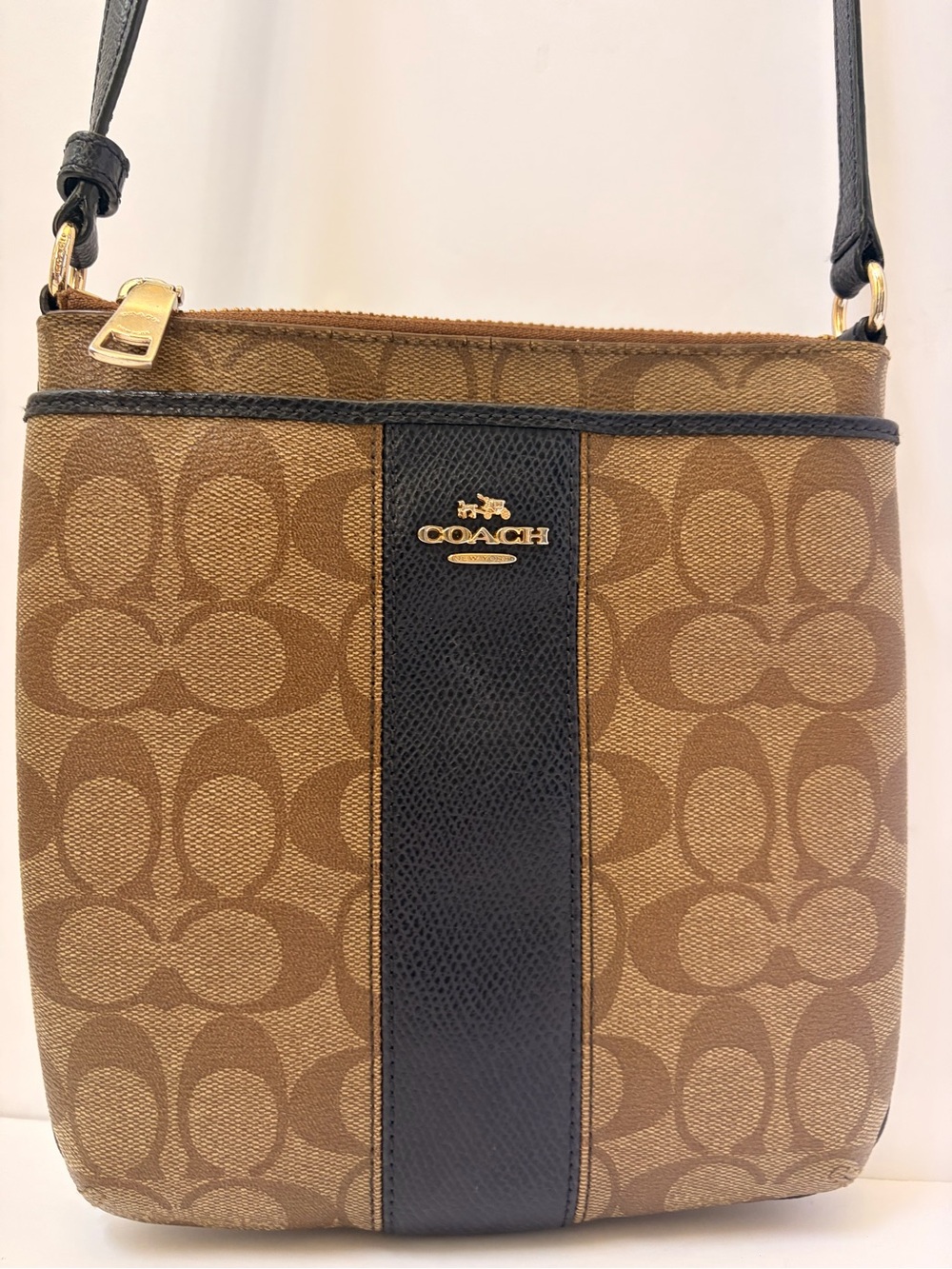COACH Brown Signature Canvas Crossbody with NAVY Center Stripe